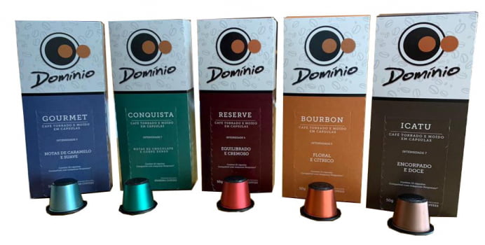 Kit com 5 caixas de Microlotes Domínio Cafés Em Cápsulas - Reserve 86,5pts Blend + Bourbon 84pts + Conquista 82,75pts Blend + Itacu 82,5pts + Gourmet 82,5pts Blend